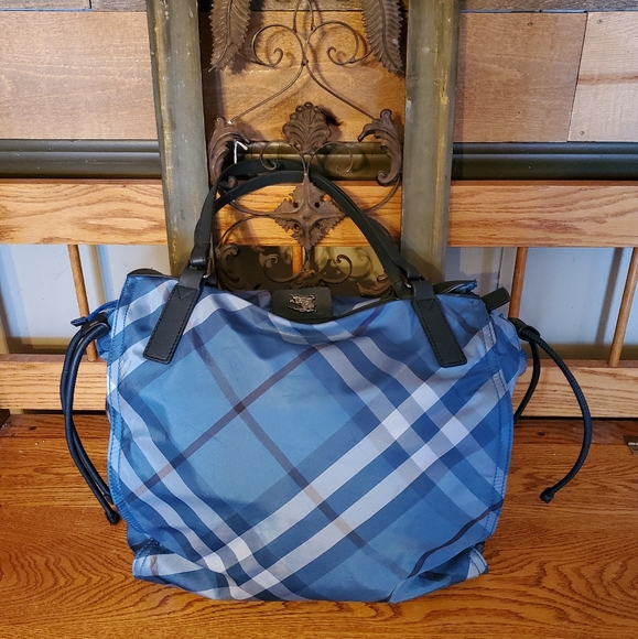 Burberry Blue & Black Plaid Nylon Tote Bag - Picture 6 of 16